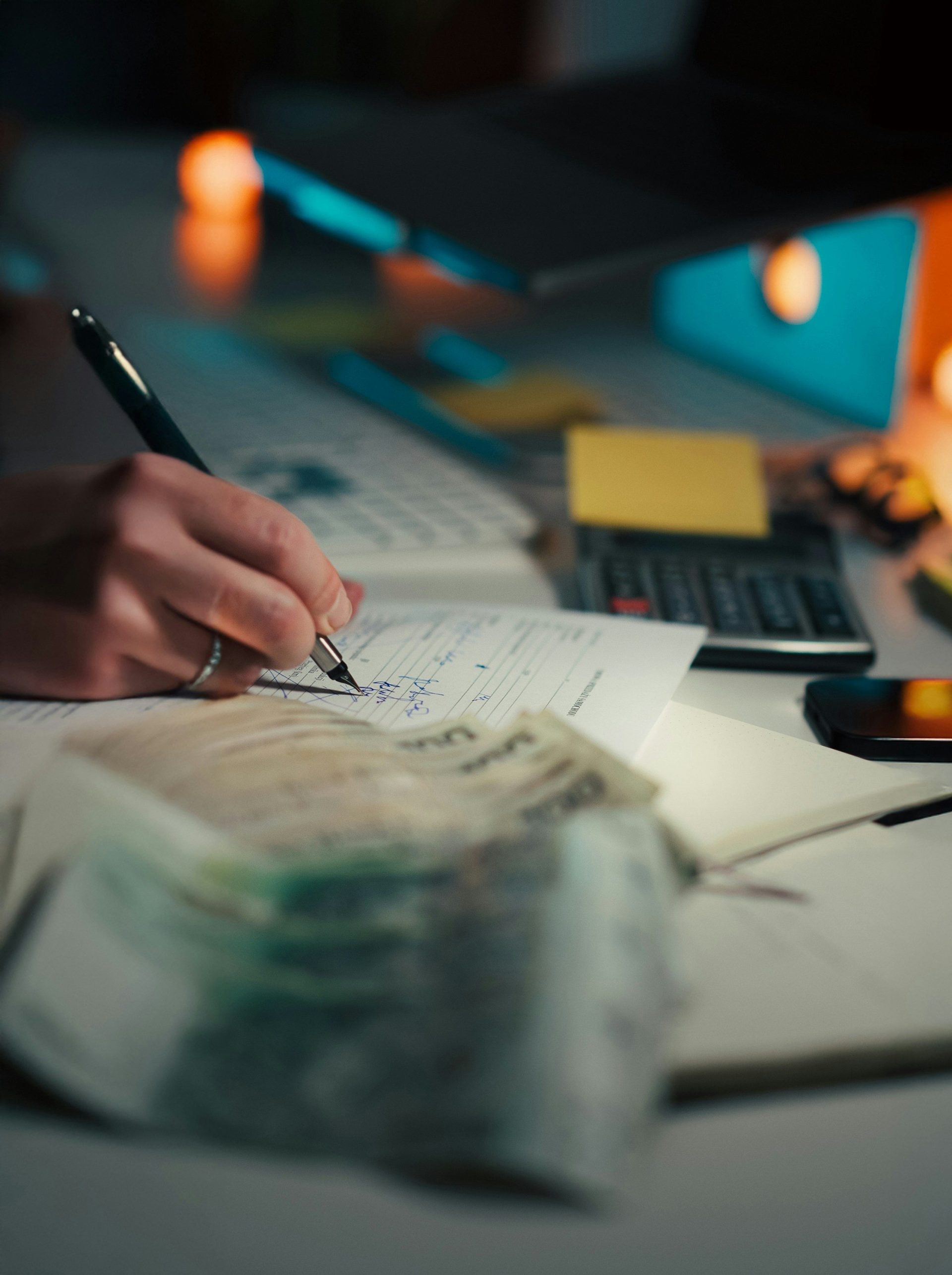 Hand writing in notebook with calculator and cash.